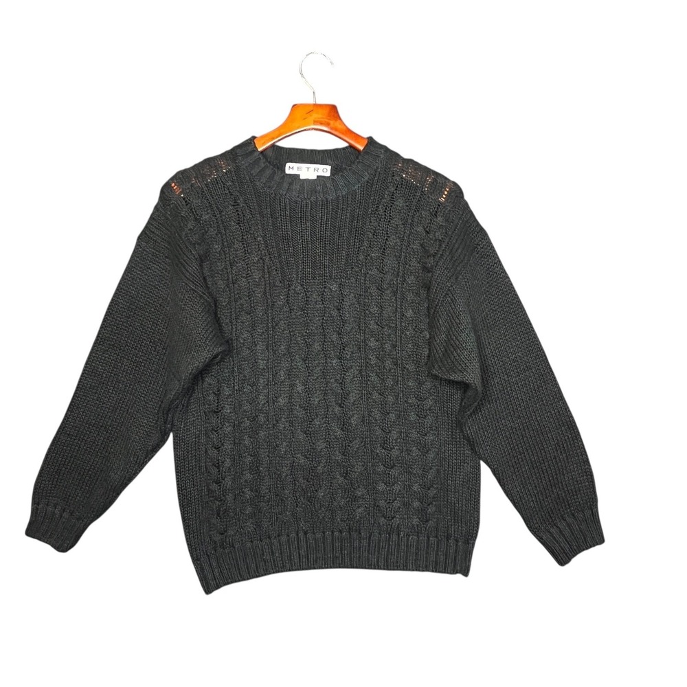 Vintage METRO Mens Black Cable Knit Cotton Blend Sweater Size M 90s Academia